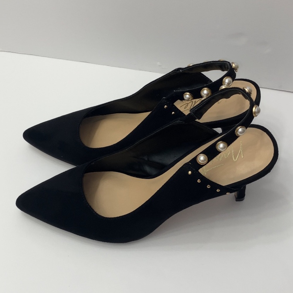 Nanette Lepore women’s shoes black suede sling back heel with pearl detail 9M